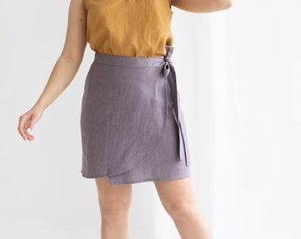 Linen skirt wrap MINI, front tie skirt, flax skirt, belted short skirt, beach skirt, DIFFERENT COLORS linen skirt