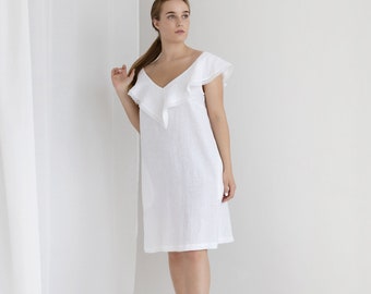 White linen dress, Minimalist wedding dress, A line linen dress sleeveless, Open back dress