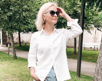 White linen shirt women, Collar shirt, Tunic shirt, Button down shirt