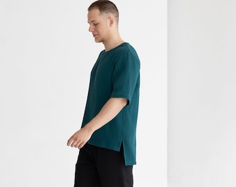 Men tunic t-shirt, Organic cotton asymmetric shirt men, Cotton gauze light top, Loose fit tunic longer back