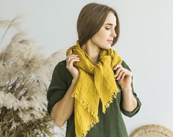 Linen Scarf, Lightweight linen gauze scarf, Mustard Yellow shawl