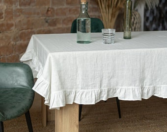 Linen tablecloth, Tablecloth ruffled, Tablecloth rectangle, Tablecloth ruffle trim