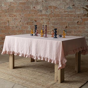 Ruffled tablecloth, Linen tablecloth, Dusty pink tablecloth, Tablecloth ruffle trim