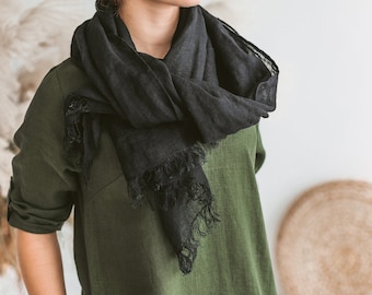Black linen scarf, linen scarf fringes, Unisex scarf, softened linen scarf, Fall scarf, Boho scarf, Scarf for Her/him-Pure Linen Scarf-gift