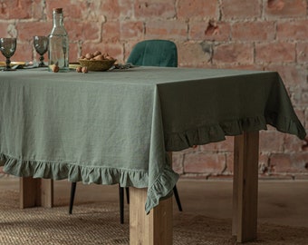 Rectangle tablecloth, Ruffled tablecloth, Linen tablecloth, Green Tablecloth