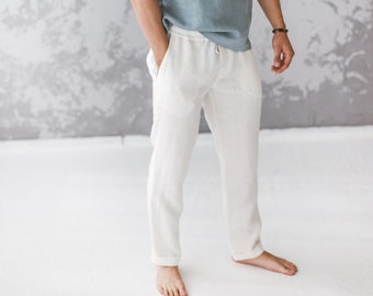 White linen pants men, wedding pants, summer trousers, drawstring elastic waist pants, classic linen pants, beach wedding pants, laungewear