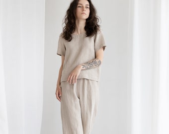 Ensemble deux pièces en lin. Ensemble assorti pour femme. Ensemble pantalon large et haut. Ensemble de salon en lin doux. Ensemble jupe-culotte court en lin.