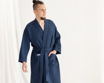 Night robe for Men S-3XL, Gift for him, Waffle bathrobe, Soft linen gown