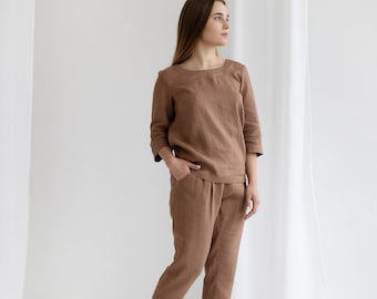 Linen two piece set. Suit set women. Linen top and Pants set. Simple linen suit. Loungewear set. Soft linen set