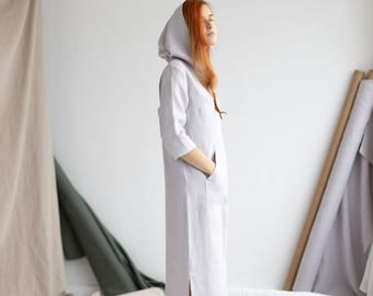 Robe longue en lin avec capuche, robe caftan, robe à capuche, caftan pour femme