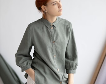 Linen shirt for women, Collar shirt, Button down blouse, Loose linen shirt