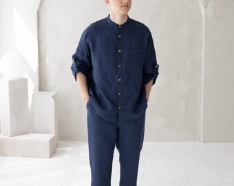 Linen Suit Men S/M size, Blue Shirt & Pants Set, Two Piece Linen Costume, Mens linen clothes