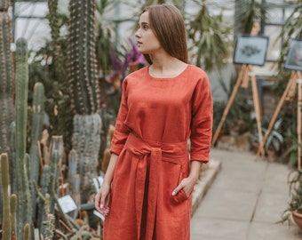 Linen dress women, Linen midi dress, Burnt orange dress, Loose linen dress