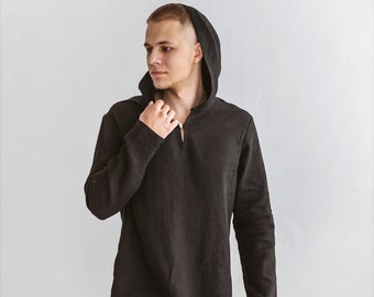 Men linen shirt hooded. Black linen shirt for men. Long sleeves shirt. Men loose shirt. Men lounge clothing