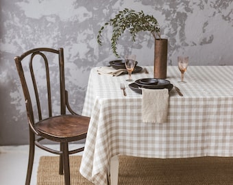 Linen Tablecloth MANY COLORS, Natural Checkered Linen Tablecloth, Gingham Natural Check Soft Tablecloth, OEKOtex linen tablecloth, Farmhouse