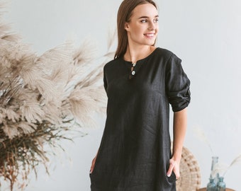 Loose linen dress, Tunic dress, Linen midi dress