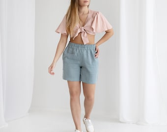 Short en lin femme, short taille haute, short semi ample, short d'été avec poches profondes, short avec large taille élastique, short en lin doux