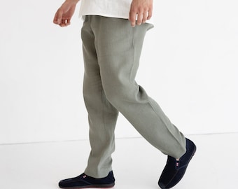 Pantalon homme en lin, pantalon en lin, pantalon à taille élastique avec cordon de serrage, pantalon en lin