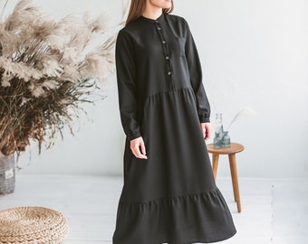 Black wool dress women, black boho maxi dress, long smock dress, oversize ruffled dress long sleeves, loose warm dress, fall winter dress