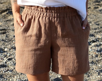 Women linen shorts, high waist shorts, semi loose shorts, summer shorts with deep pockets, shorts with wide elastic waist, soft linen shorts