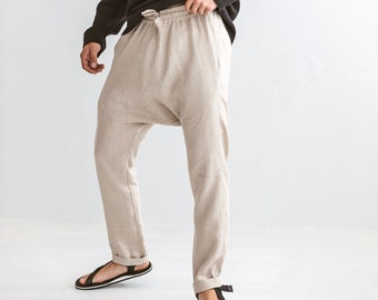 Men's Linen Harem Pants, Drop Crotch Loose Fit Lounge Trousers