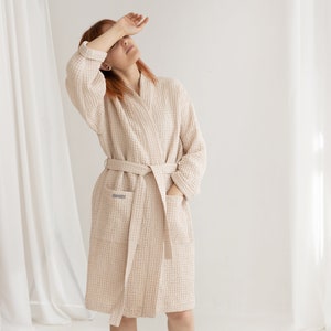 Waffle bathrobe Beige Cinnamon READY to ship Size SMALL, night robe Women, soft waffle texture night robe, relaxed fit robe, SPA robe image 4