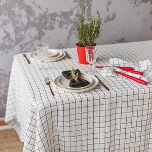 LARGE & WIDE linen tablecloth, Checkered Large windows linen tablecloth, Stonewashed white Farmhouse tablecloth