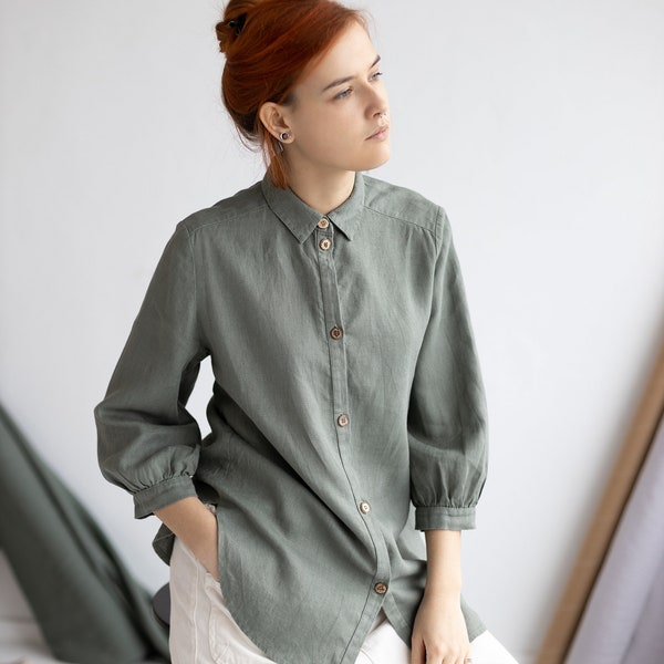Linen shirt for women, Collar shirt, Button down blouse, Loose linen shirt
