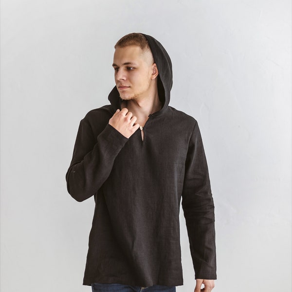 Men linen shirt hooded. Black linen shirt for men. Long sleeves shirt. Men loose shirt. Men lounge clothing