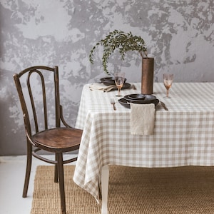 Linen Tablecloth MANY COLORS, Natural Checkered Linen Tablecloth, Gingham Natural Check Soft Tablecloth, OEKOtex linen tablecloth, Farmhouse