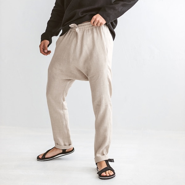 Sarouel pour hommes, pantalons à entrejambe bas pour hommes, pantalons décontractés pour hommes, pantalons de loisirs en lin, pantalons amples de détente, pantalons amples, vêtements d'intérieur