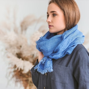 Pure Linen Scarf, Blue linen gauze shawl for men women, spring scarf, lightweight Pure Linen Scarf, modern Organic linen scarf fringes, gift