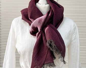 Linen gauze scarf lightweight, Wine color Dark mahogany color gauze shawl, linen scarf fringes, Unisex scarf, soft linen scarf, Spring scarf