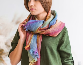 Regenboog linnen sjaal voor mannen vrouwen unisex 19x75", kleurrijke lichtgewicht sjaal, linnen gaas sjaal, pure linnen sjaal, sjaal met franjes