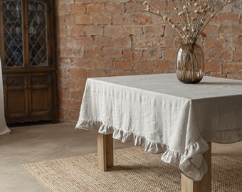 Washed linen tablecloth, Ruffled tablecloth, Natural tablecloth, Tablecloth ruffle trim