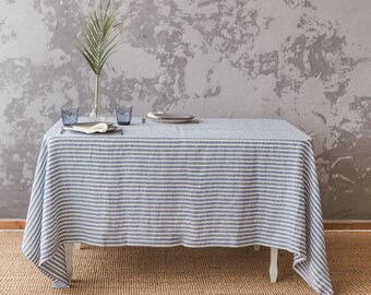 LARGE & WIDE linen tablecloth, Blue Pink striped nautical tablecloth, Pink striped stonewashed soft linen tablecloth, eco fabric tablecloth