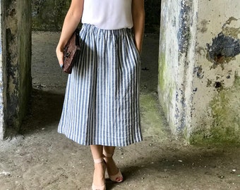 Linen skirt STRIPED midi-summer skirt with deep pockets-comfortable skirt wide elastic waistband-blue striped prewashed linen skirt