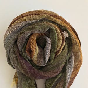 Linen Scarf Green, Earthy tones shawl, Gauzy linen scarf, Lightweight striped Pure Linen Scarf, Organic linen scarf fringes, spring scarf image 6