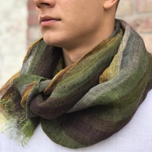 Men Scarf, Linen scarf for men, Green Brown lightweight scarf, Striped Pure Linen Scarf, Organic linen scarf with fringes, fall autumn scarf image 1