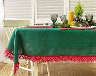 Christmas tablecloth, Green Red tablecloth, Lace tablecloth rectangle square, Festive Linen Cotton Tablecloth, Christmas gift, Vintage Boho