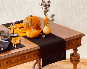 Halloween decor, Black table runner, Linen table runner, 27 COLORS soft linen table runner, table runner mitered corners, Halloween table