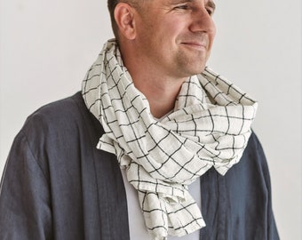Plaid linen scarf, Large checkered scarf, Soft unisex shawl wrap
