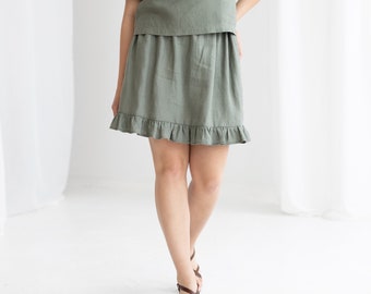 Linen skirt ruffled, Skirt with pockets, Elastic waist skirt, Knee length skirt