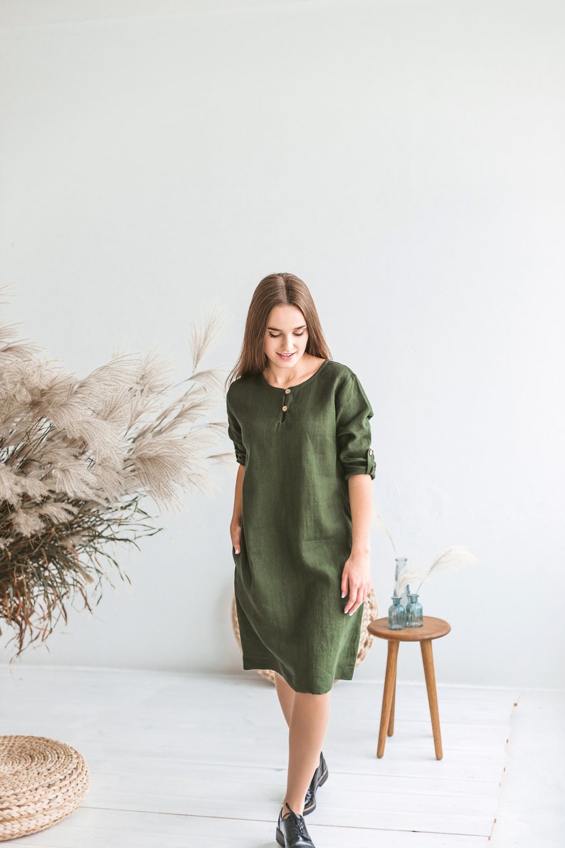 Linen tunic dress women, Henley dress, pure soft linen dress, linen shirt dress, loose dress w pockets, linen clothing, linen autumn dress image 3