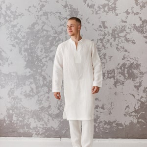 White men tunic shirt, men linen kaftan white, long linen shirt, Linen Caftan, long tunic robe, comfy Loungewear, Linen Robe, linen clothing