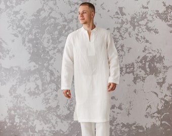 White men tunic shirt, men linen kaftan white, long linen shirt, Linen Caftan, long tunic robe, comfy Loungewear, Linen Robe, linen clothing