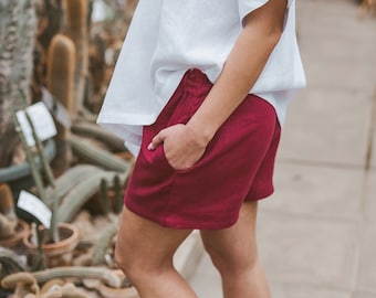 Women Linen shorts DIFFERENT COLORS-Summer shorts with deep pockets-comfortable shorts wide elastic waistband-holiday prewashed linen shorts