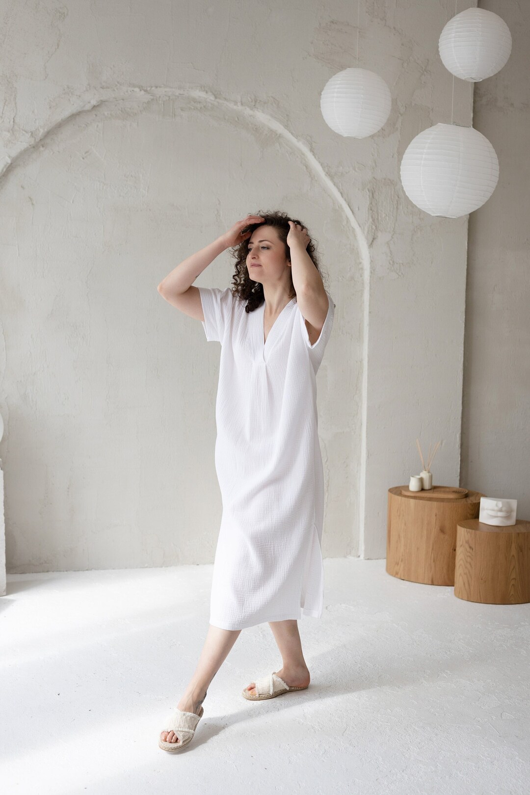 White Dress Double Gauze Kimono Style Dress Light Loose Etsy