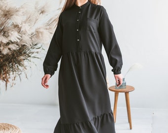 ワンピース BLACK AND WHITE WOOL DRESS Black Wool Dress Women, Black Boho Maxi Dress, Long Smock