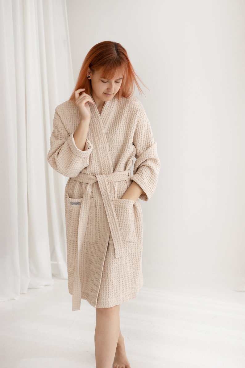 Waffle bathrobe Beige Cinnamon READY to ship Size SMALL, night robe Women, soft waffle texture night robe, relaxed fit robe, SPA robe image 2